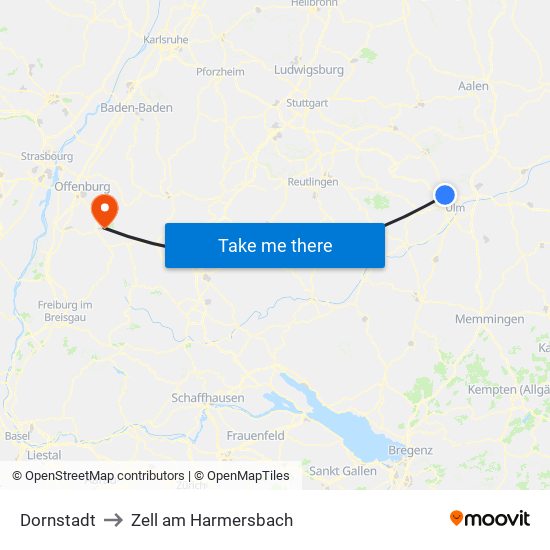 Dornstadt to Zell am Harmersbach map