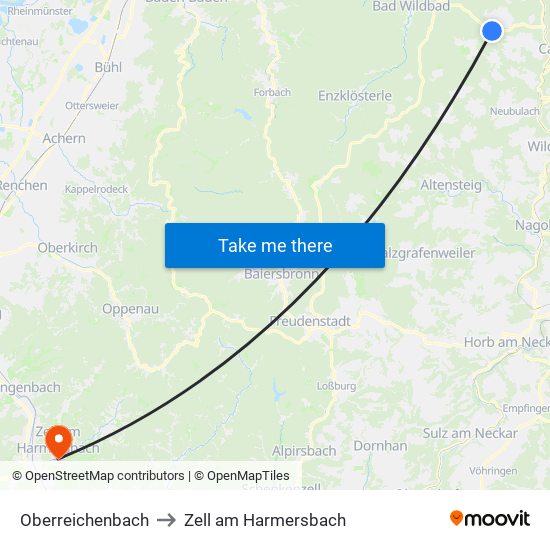 Oberreichenbach to Zell am Harmersbach map