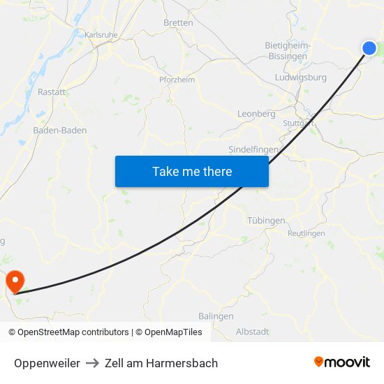 Oppenweiler to Zell am Harmersbach map