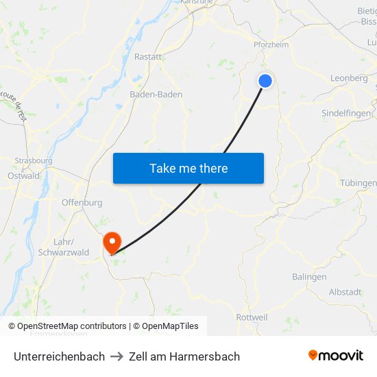 Unterreichenbach to Zell am Harmersbach map