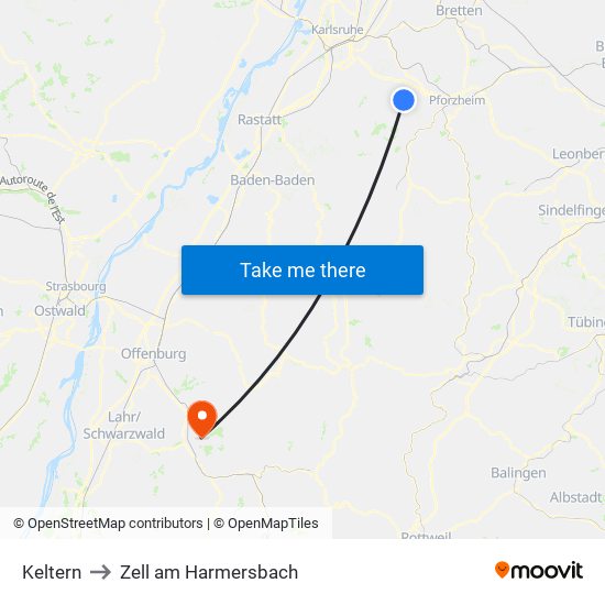 Keltern to Zell am Harmersbach map