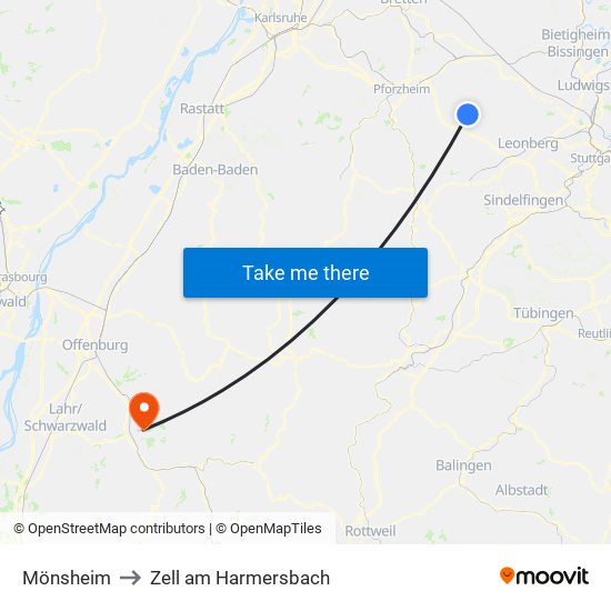 Mönsheim to Zell am Harmersbach map