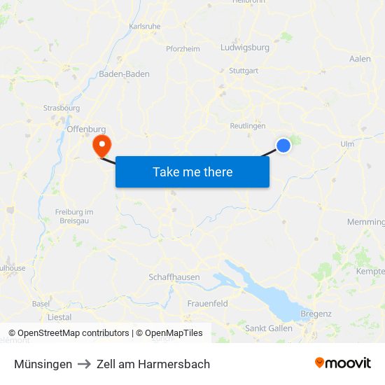 Münsingen to Zell am Harmersbach map