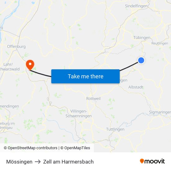 Mössingen to Zell am Harmersbach map