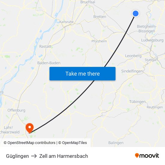 Güglingen to Zell am Harmersbach map