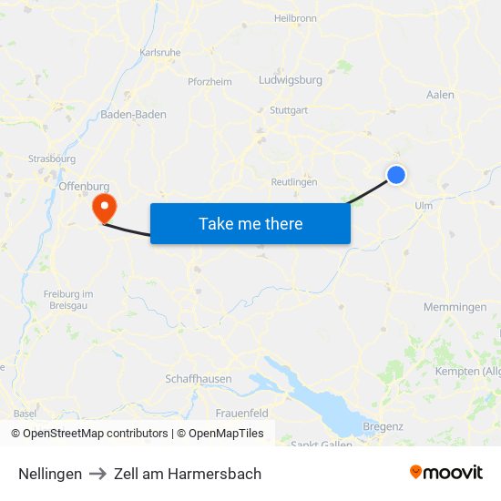 Nellingen to Zell am Harmersbach map