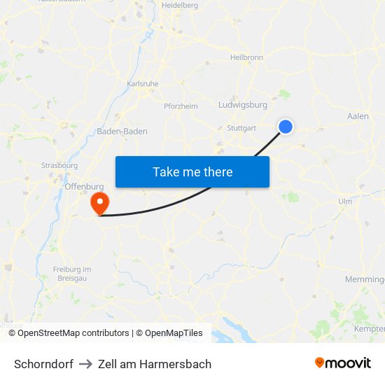 Schorndorf to Zell am Harmersbach map