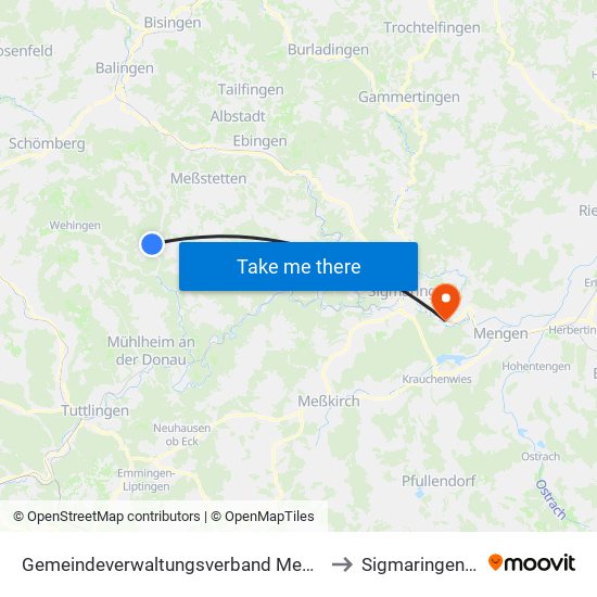 Gemeindeverwaltungsverband Meßstetten to Sigmaringendorf map