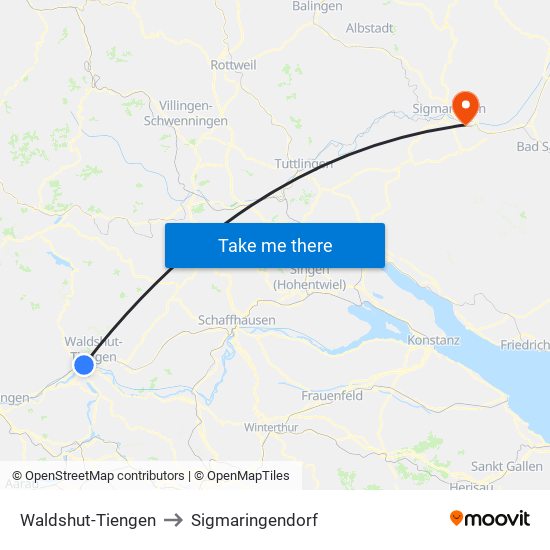 Waldshut-Tiengen to Sigmaringendorf map