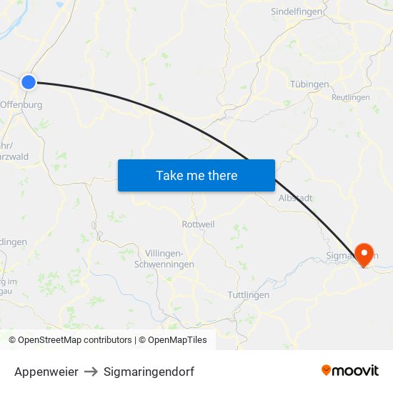 Appenweier to Sigmaringendorf map