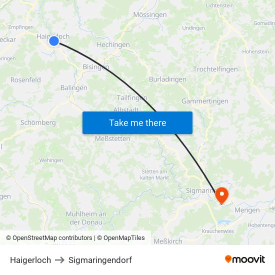 Haigerloch to Sigmaringendorf map