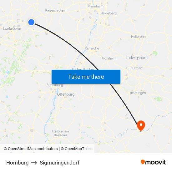 Homburg to Sigmaringendorf map