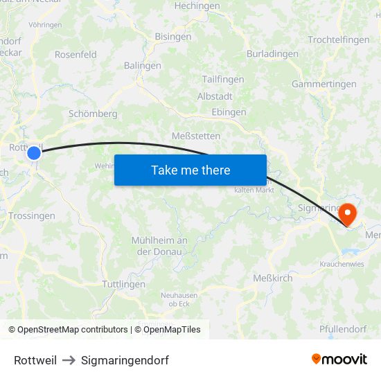 Rottweil to Sigmaringendorf map