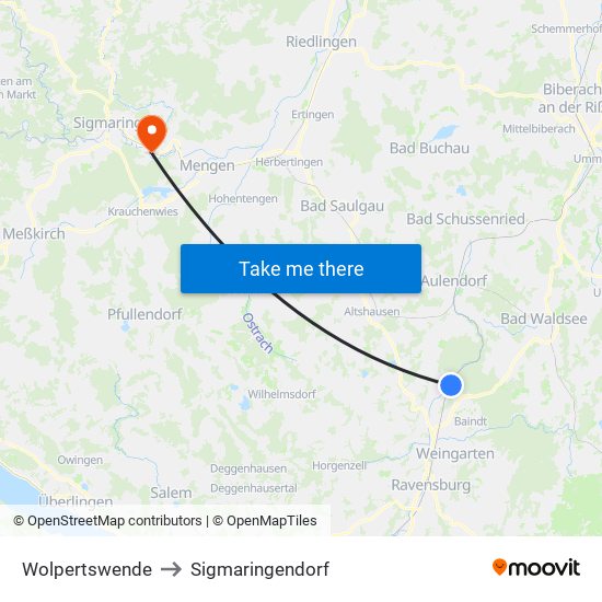 Wolpertswende to Sigmaringendorf map