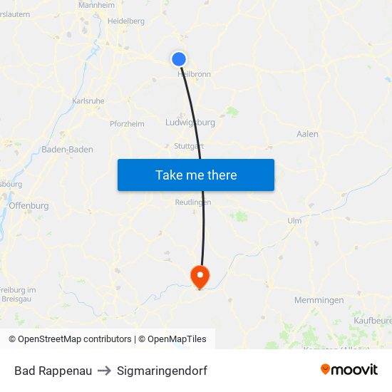 Bad Rappenau to Sigmaringendorf map