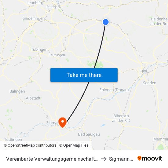 Vereinbarte Verwaltungsgemeinschaft Der Stadt Göppingen to Sigmaringendorf map