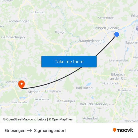 Griesingen to Sigmaringendorf map
