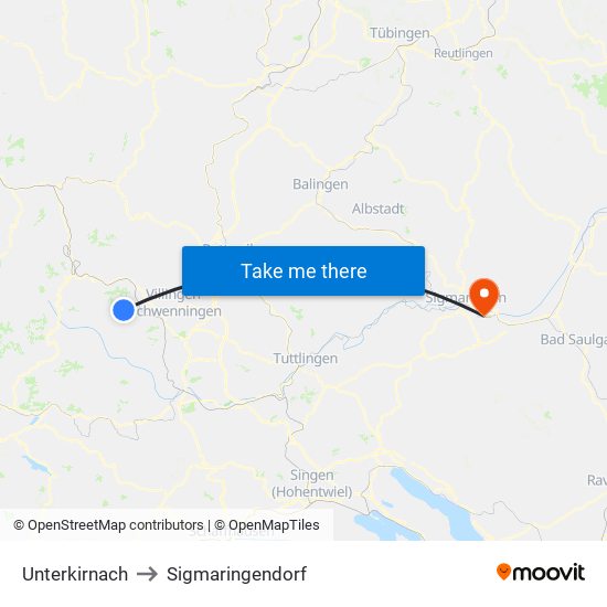 Unterkirnach to Sigmaringendorf map