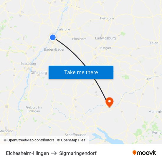 Elchesheim-Illingen to Sigmaringendorf map