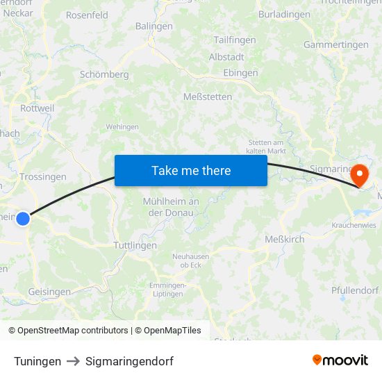 Tuningen to Sigmaringendorf map