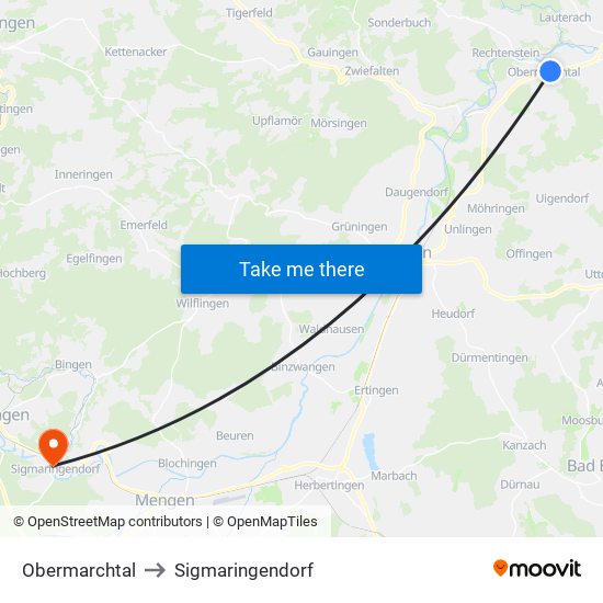 Obermarchtal to Sigmaringendorf map