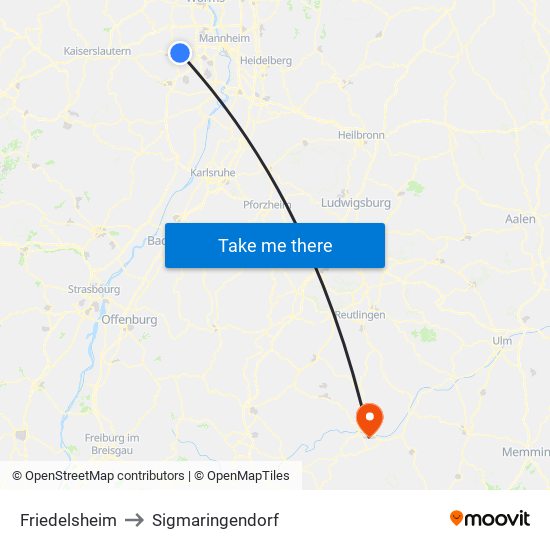 Friedelsheim to Sigmaringendorf map