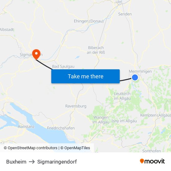 Buxheim to Sigmaringendorf map