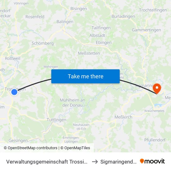 Verwaltungsgemeinschaft Trossingen to Sigmaringendorf map