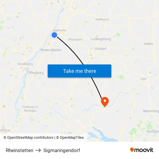 Rheinstetten to Sigmaringendorf map