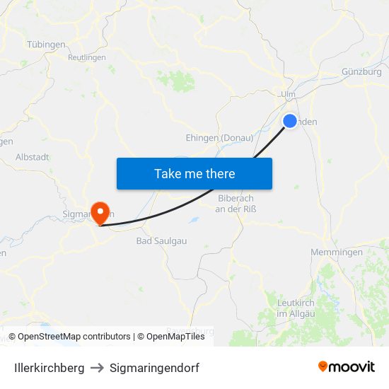 Illerkirchberg to Sigmaringendorf map