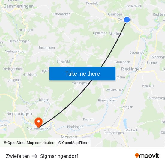 Zwiefalten to Sigmaringendorf map