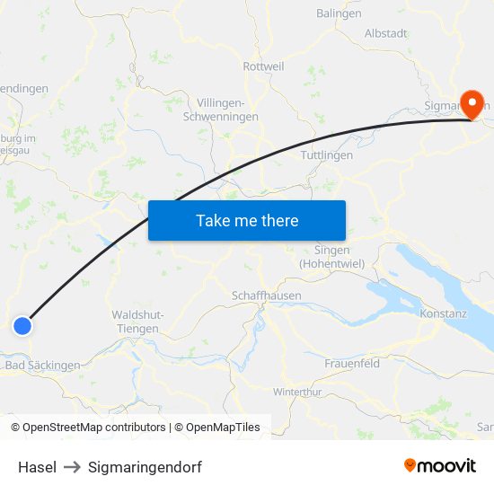 Hasel to Sigmaringendorf map