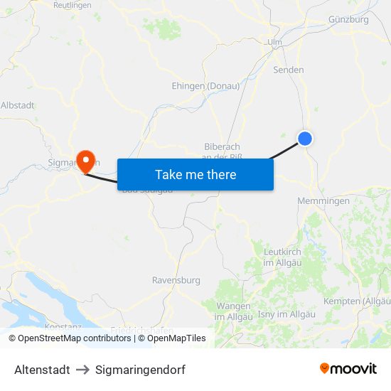 Altenstadt to Sigmaringendorf map