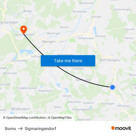 Boms to Sigmaringendorf map