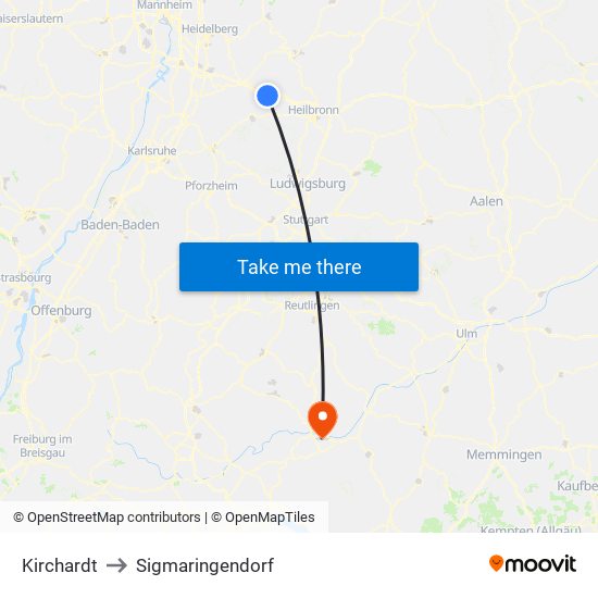 Kirchardt to Sigmaringendorf map