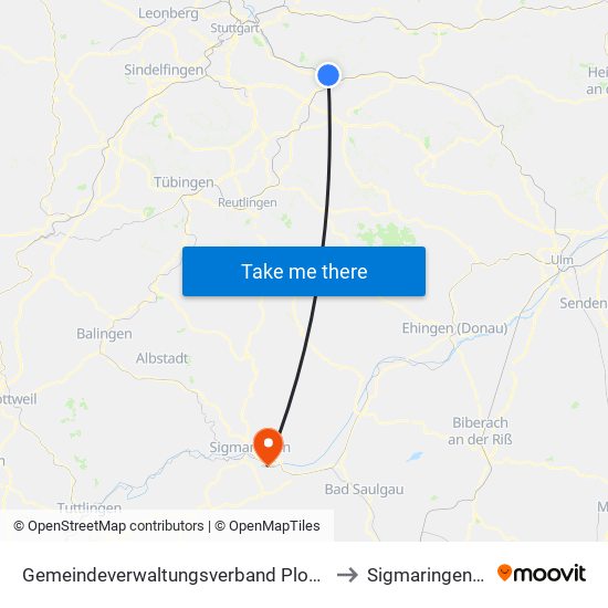 Gemeindeverwaltungsverband Plochingen to Sigmaringendorf map