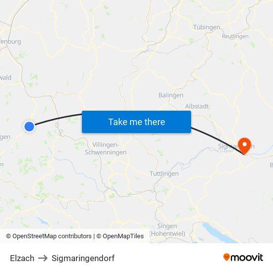 Elzach to Sigmaringendorf map