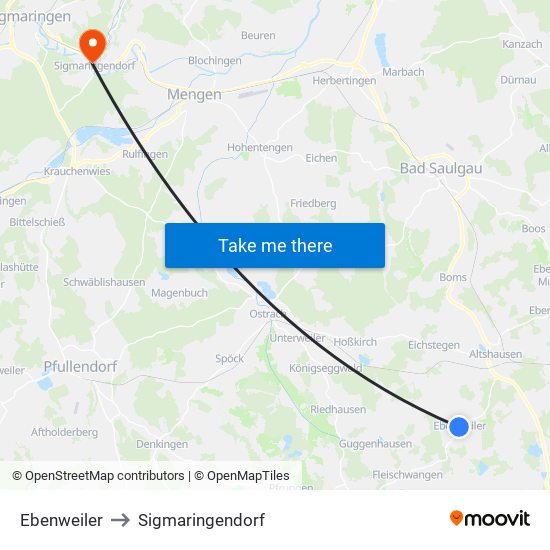 Ebenweiler to Sigmaringendorf map