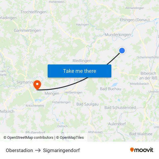 Oberstadion to Sigmaringendorf map