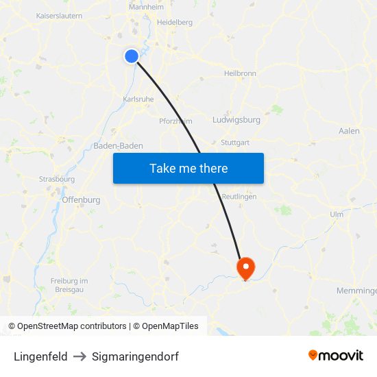 Lingenfeld to Sigmaringendorf map