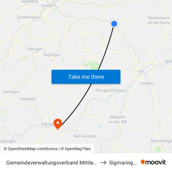 Gemeindeverwaltungsverband Mittleres Fils-Lautertal to Sigmaringendorf map