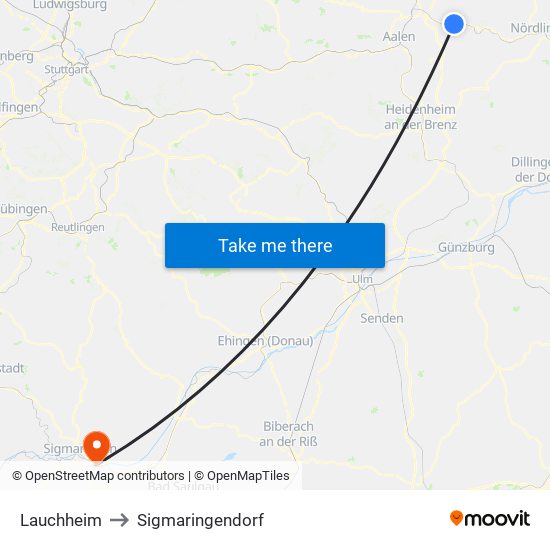 Lauchheim to Sigmaringendorf map