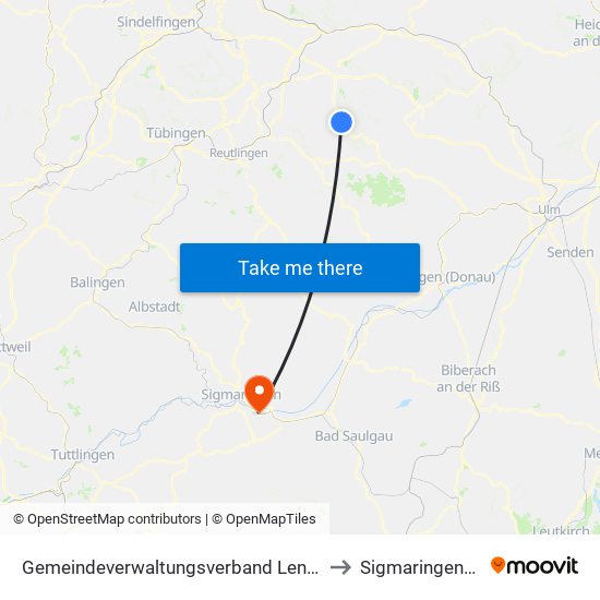 Gemeindeverwaltungsverband Lenningen to Sigmaringendorf map