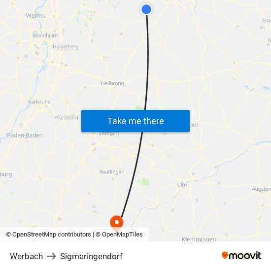 Werbach to Sigmaringendorf map