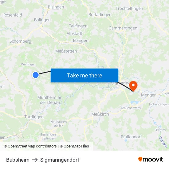 Bubsheim to Sigmaringendorf map
