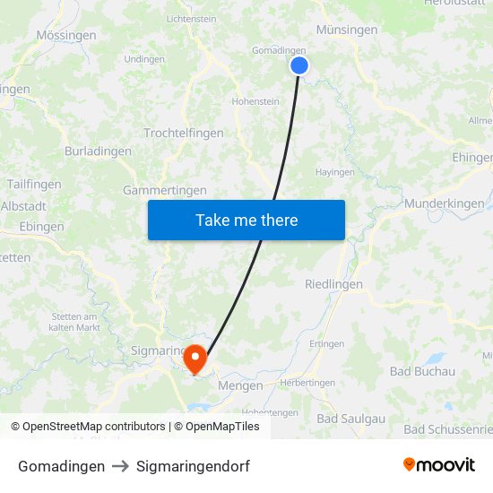 Gomadingen to Sigmaringendorf map