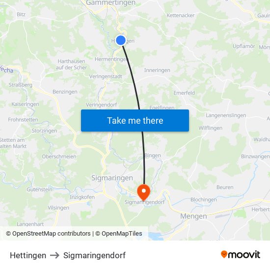 Hettingen to Sigmaringendorf map