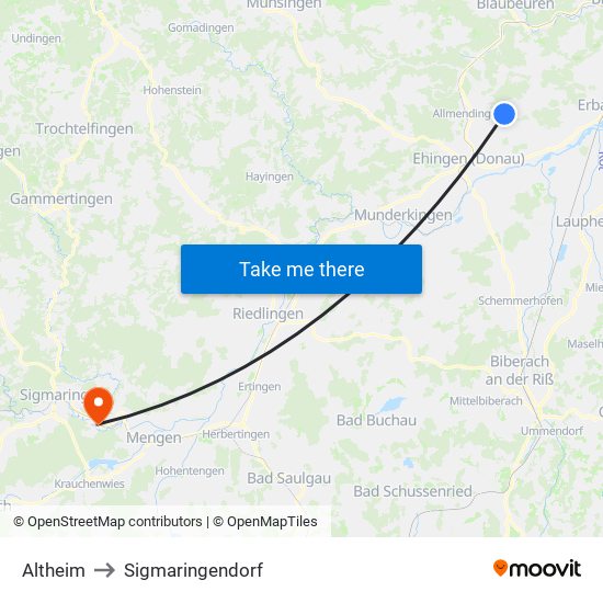 Altheim to Sigmaringendorf map