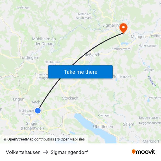 Volkertshausen to Sigmaringendorf map