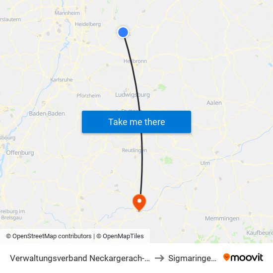 Verwaltungsverband Neckargerach-Waldbrunn to Sigmaringendorf map